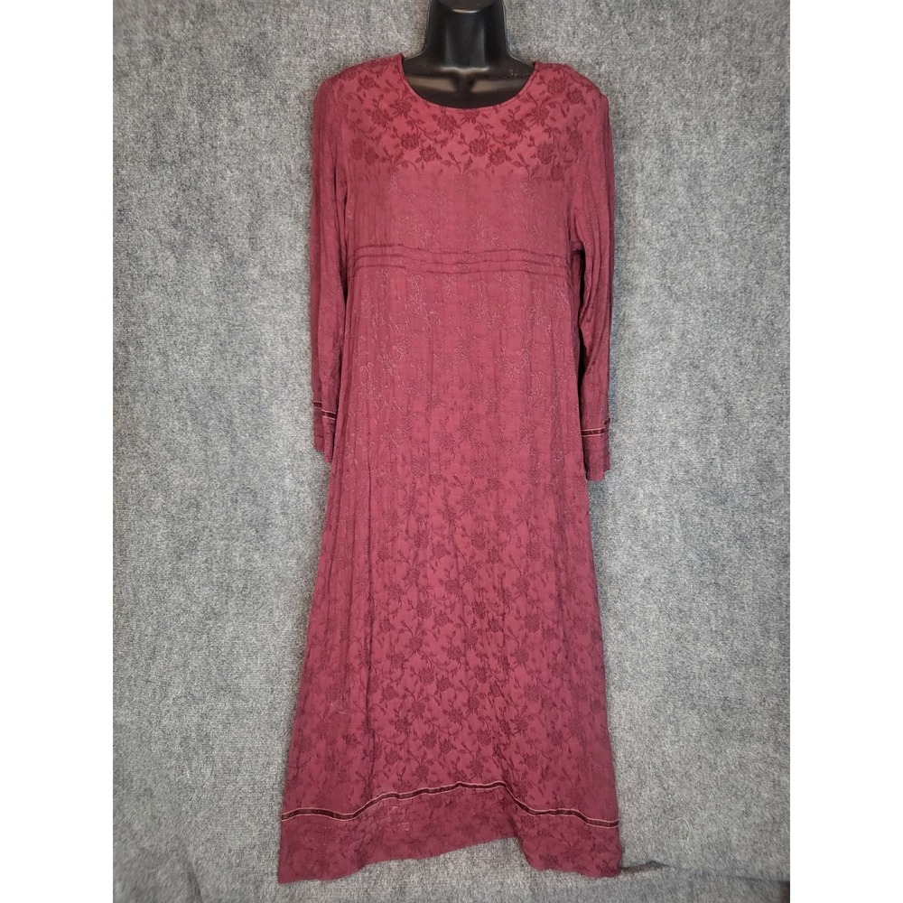 VTG J Jill Small Petite SP Red Rayon Long Sleeve Floral Embossed Midi Dress Boho